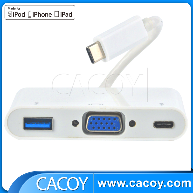 Type-C HUB 3-in-1 Multiport USB Type C to USB/VGA/Type C Adapter